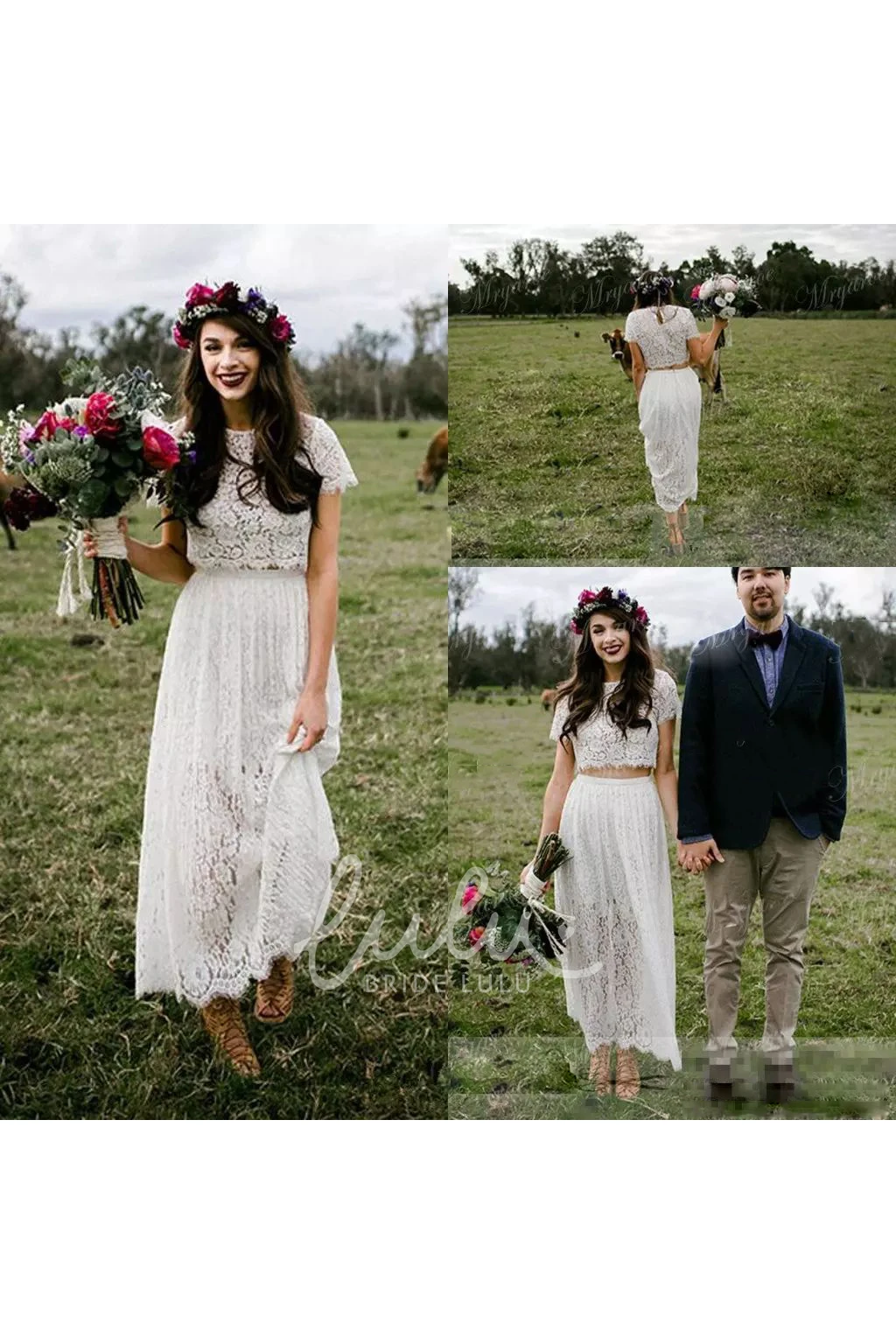 Jewel Lace A-Line Wedding Dress with Short Sleeves and Corset Back