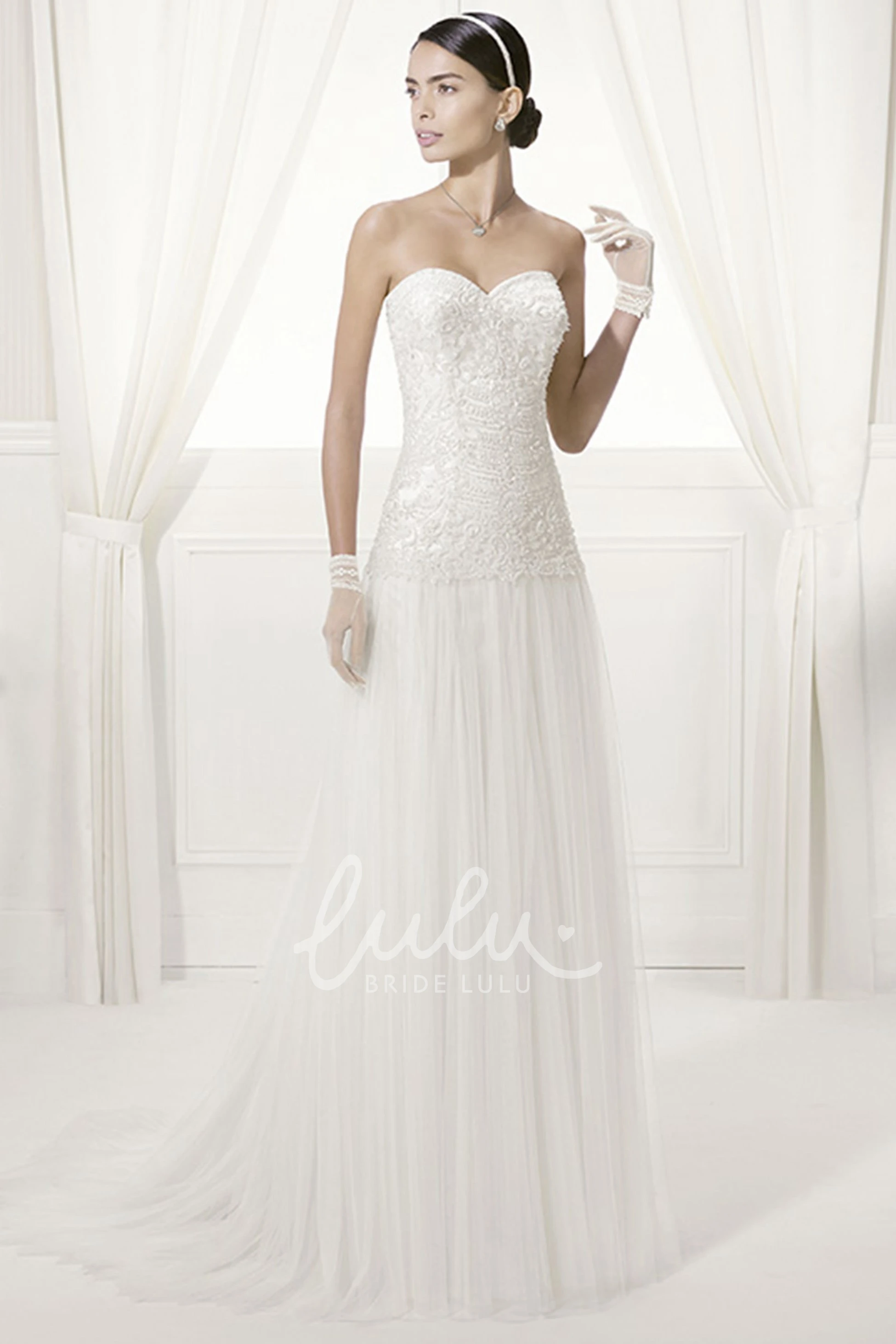 Lace Backless Sweetheart Drop Waist Wedding Dress with Tulle Skirt
