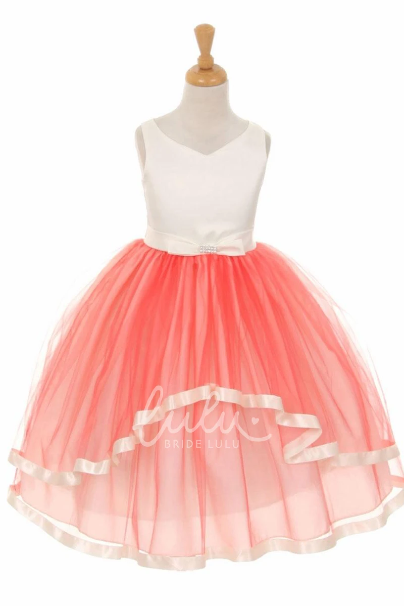 Tiered Peplum Tea-Length Tulle&Satin Flower Girl Dress With Sash