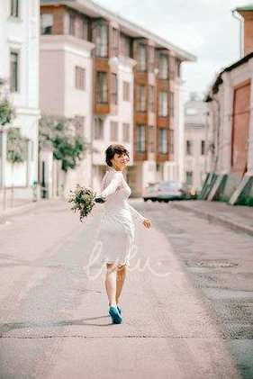 Knee-Length Lace Wedding Dress with Long Sleeves and High Neck Classy Bridal Gown