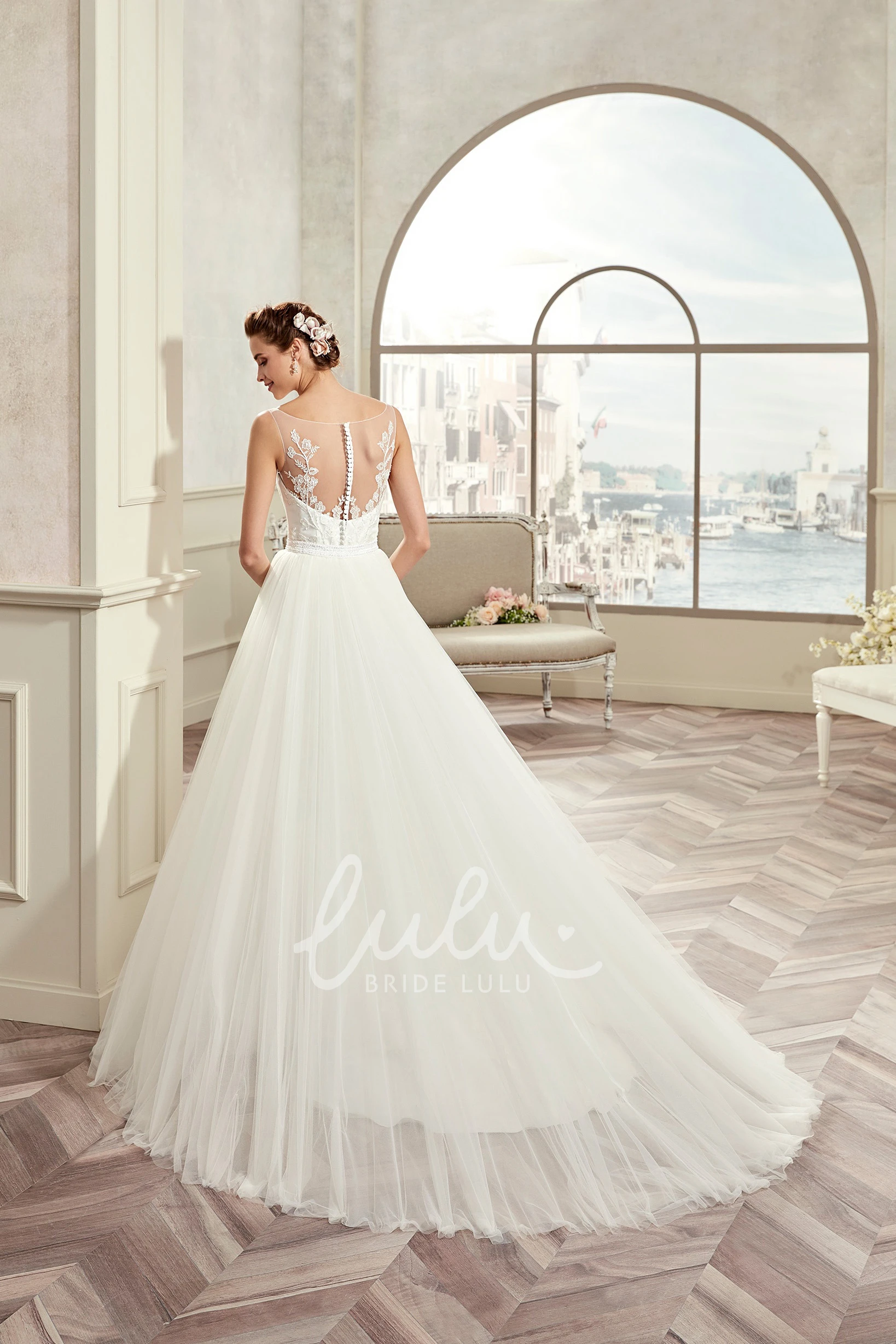 Lace A-Line Wedding Dress with Cap Sleeves and Brush Train Illusive Design