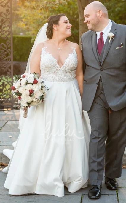 Plus Size Sexy A-Line Spaghetti V-neck Open Back Lace Petals Garden Wedding Dress