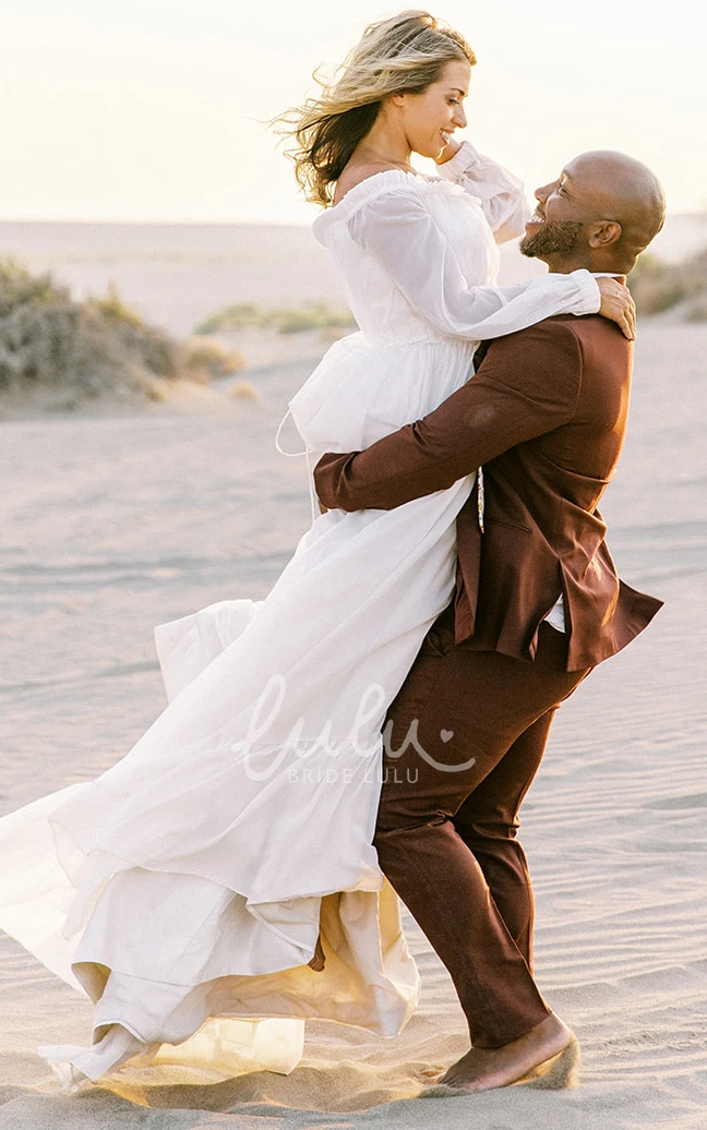 Elegant Chiffon Wedding Dress with Off-shoulder Sleeves and Appliques Classy and Modern