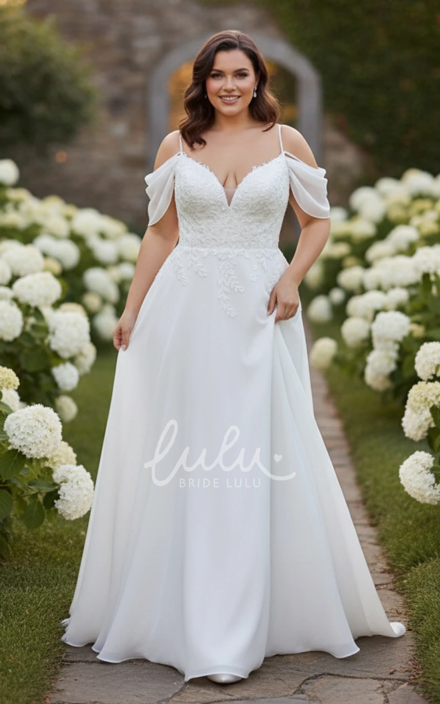 Elegant Plus-size Lace Wedding Dress with A-Line V-Neck Low Back Curvy Flattering Bridal Gown