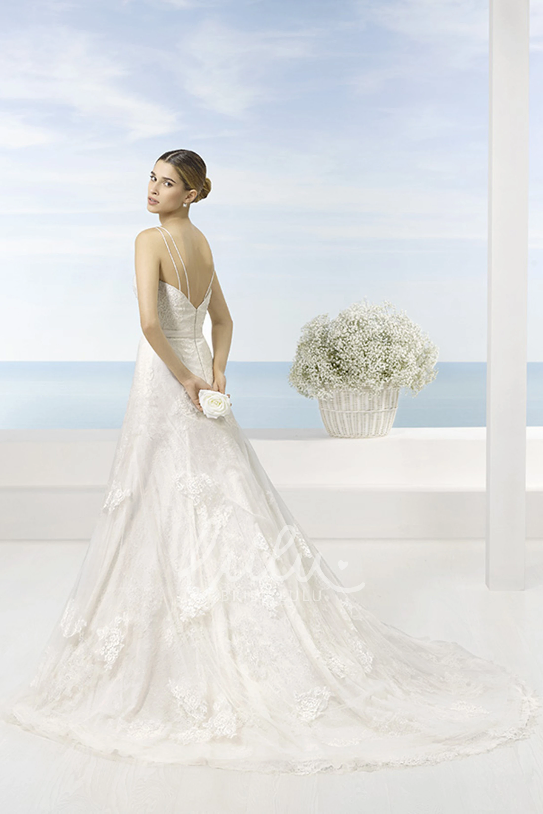 Sleeveless A-Line Lace Wedding Dress with Chapel Train and Low-V Back Modern Bridal Gown