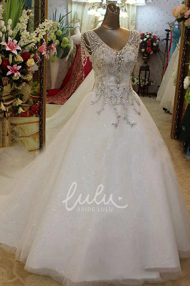 V-Neck Beaded Ball Gown Short Sleeves
