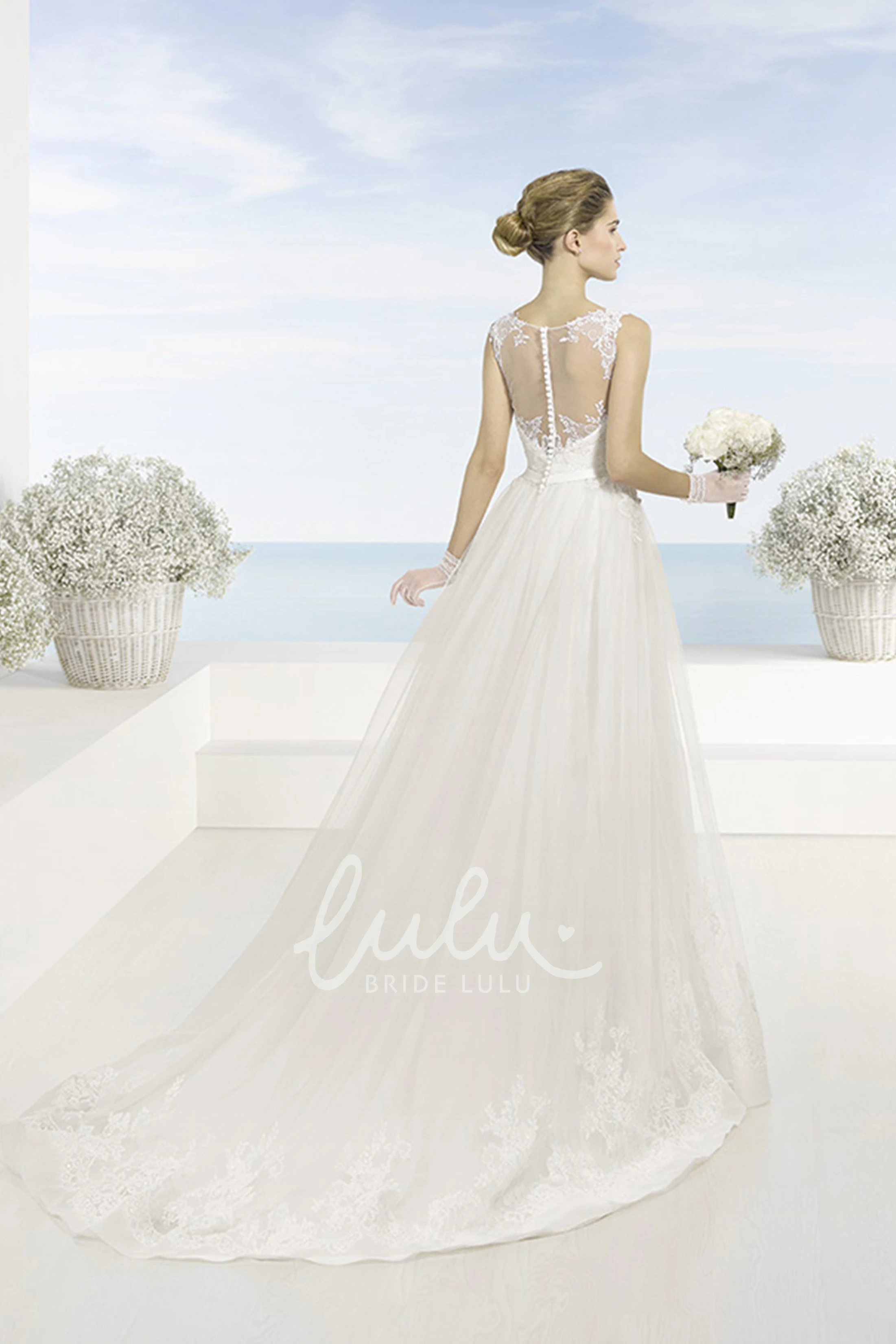 Appliqued Tulle Wedding Dress with Bateau Neckline A-Line