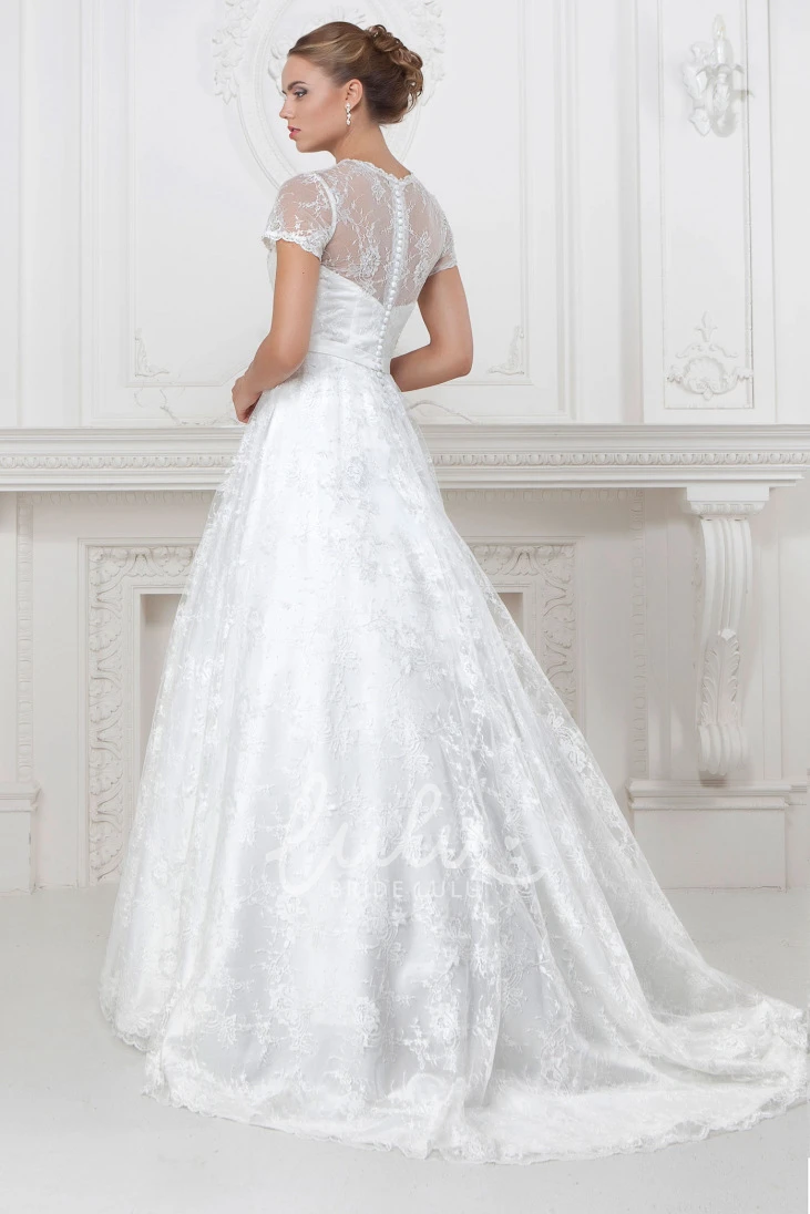 High-Neck Lace and Satin Short-Sleeve A-Line Wedding Dress with Waist Jewelry