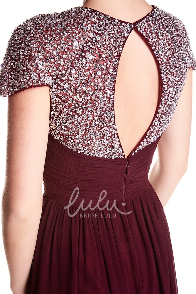 Sweetheart A-Line Chiffon Prom Dress with Beading Floor-Length Cap-Sleeve Criss-Cross Keyhole Back