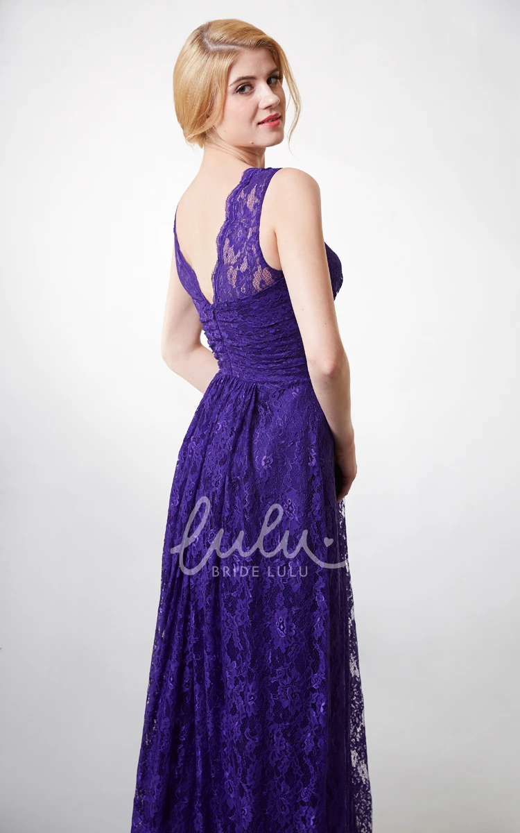 Long Lace Bridesmaid Dress with Country Style V-neck