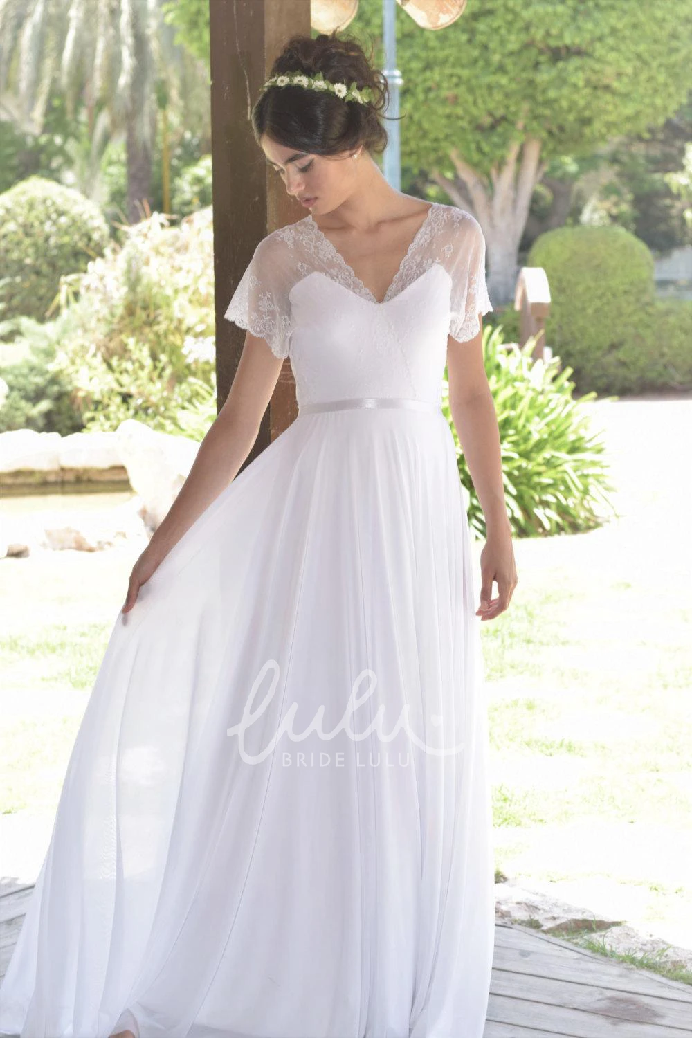 Deep-V Back Lace Chiffon Wedding Dress with Short Sleeves