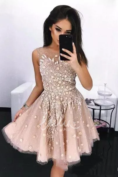 Knee-length A-line Tulle Dress with Beading and Flower Homecoming Dress