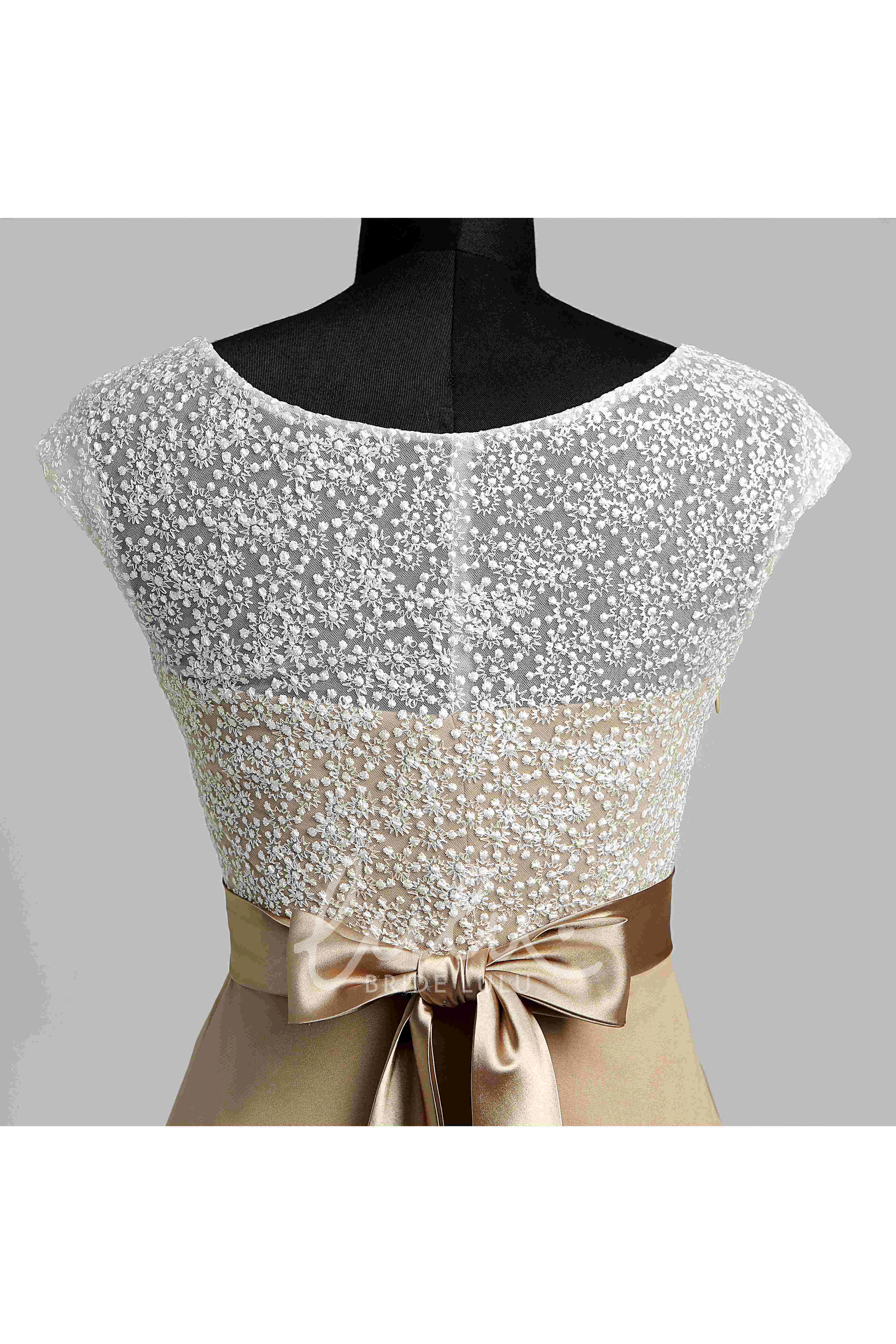 Lace A-line Short Sleeve Bridesmaid Dress with Sash and Bateau Neckline