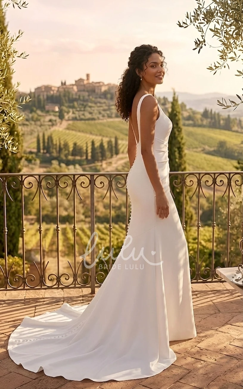 Mermaid Simple Square Neck Satin Wedding Dress Modern Sleeveless Solid Pleated Bridal Gown