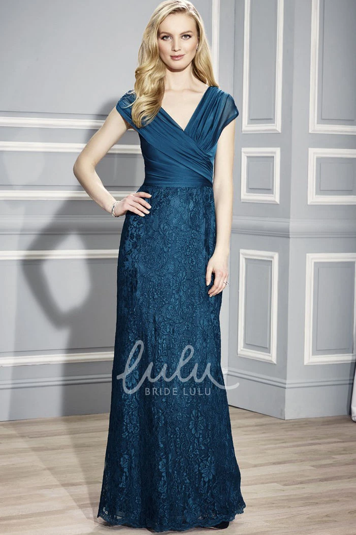 Sheath Lace Floor-Length Formal Bridesmaid Dress with V-Neck and Ruching