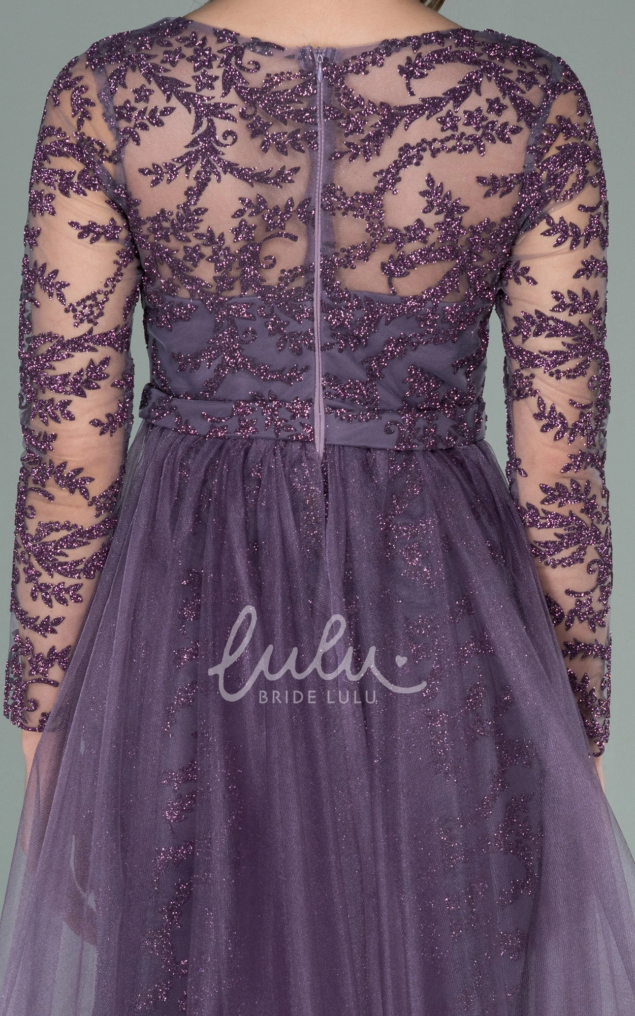 Bateau Lace Tulle Evening Dress with Removable Skirt and Long Sleeves