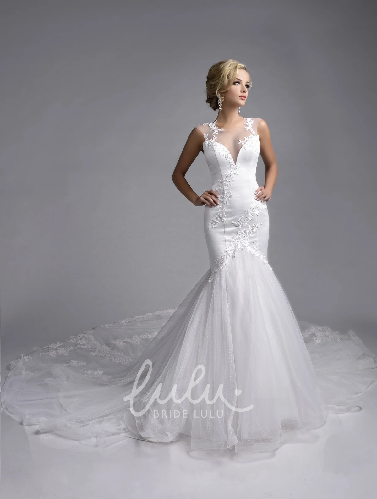 Lace-Appliqued Mermaid Wedding Dress with Illusion Top Sleeveless Tulle Elegant