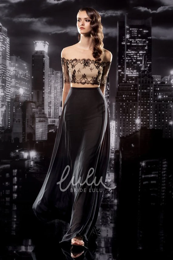 Off-The-Shoulder Sheath Short Sleeve Jersey Prom Dress with Lace and Draping