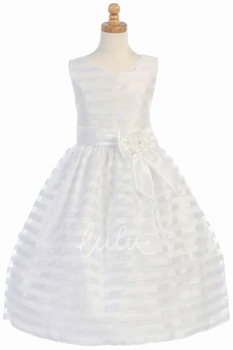 Organza and Taffeta Tea-Length Flower Girl Dress with Bowed Floral Sash