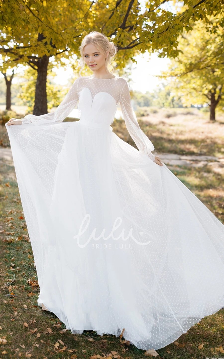 Vintage A-Line Sweetheart Ruching Wedding Dress Long Sleeve Gown with Dot
