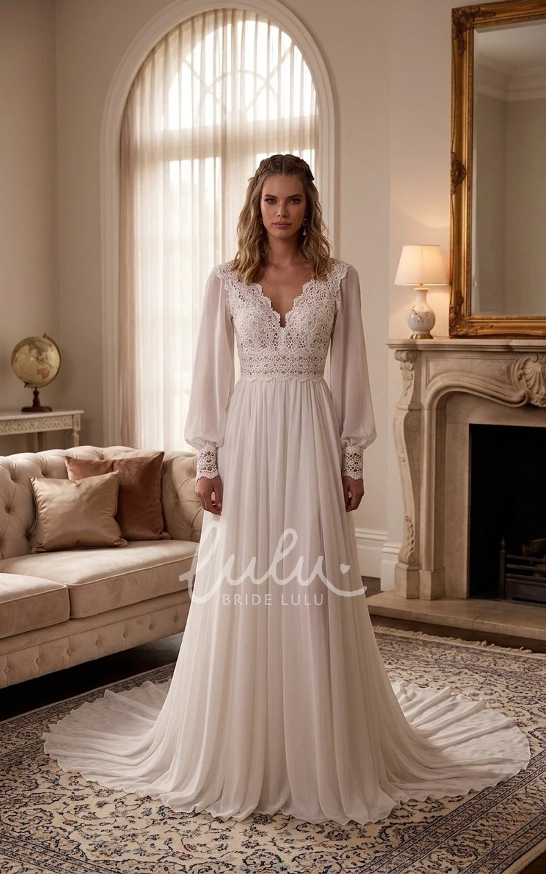 A-Line Long Sleeve Lace Wedding Dress V-Neck Chiffon Vintage Bridal Gown