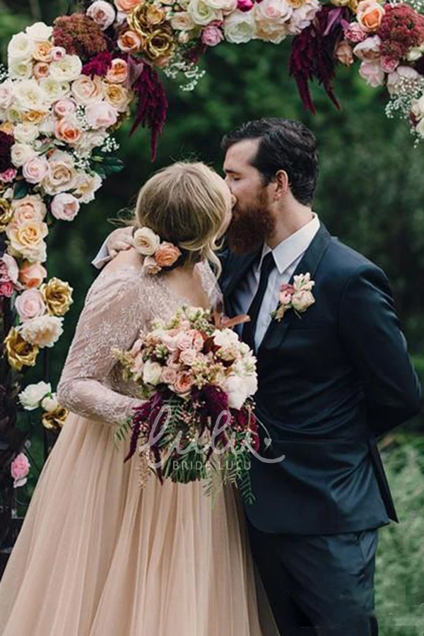 Lace and Tulle A-Line Wedding Dress with V-Neckline Open Back and Zipper Closure