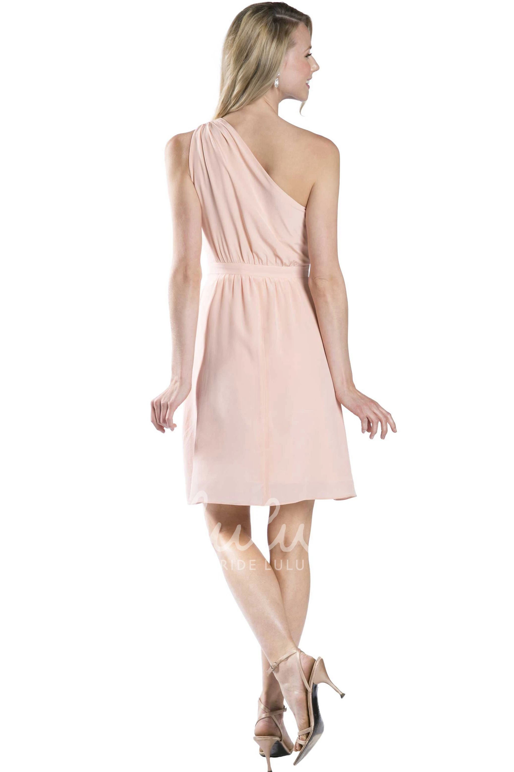 Sleeveless One-Shoulder Ruched Chiffon Mini Bridesmaid Dress in Muti-Color with Sash