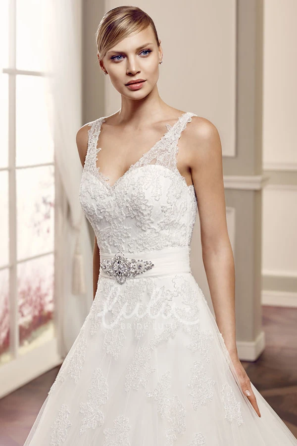 V-Neck Tulle Ball-Gown Wedding Dress with Illusion Back Flowy Bridal Gown