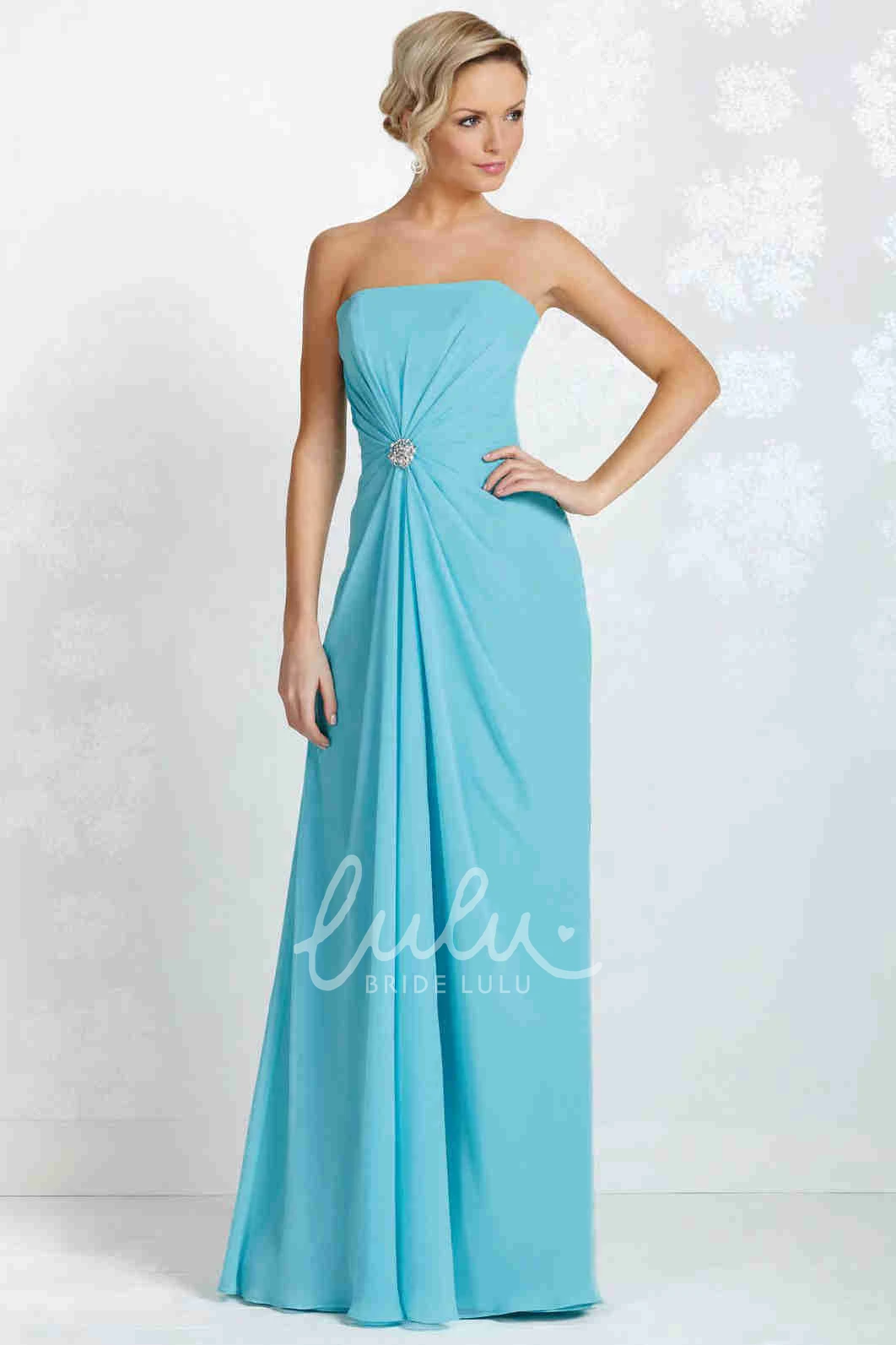 Floor-Length Strapless Chiffon Bridesmaid Dress with Draping Broach and Lace-Up