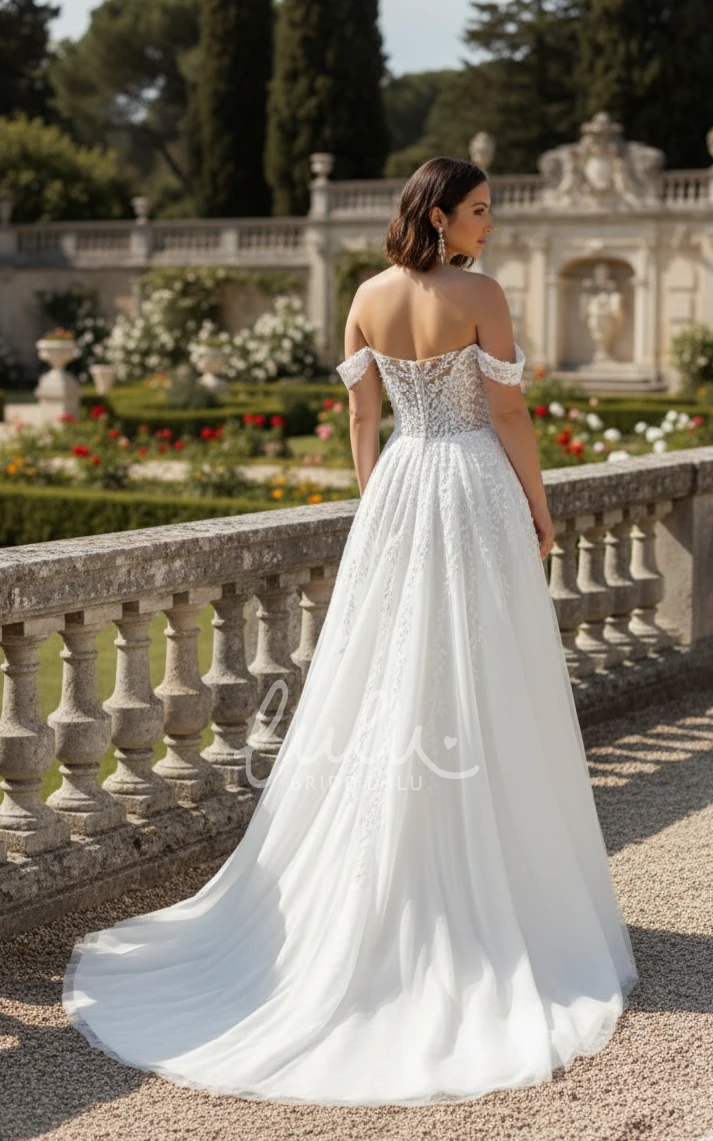 Modern A-Line Off Shoulder Floral Lace Wedding Dress Romantic Sweetheart Tulle Bridal Gown