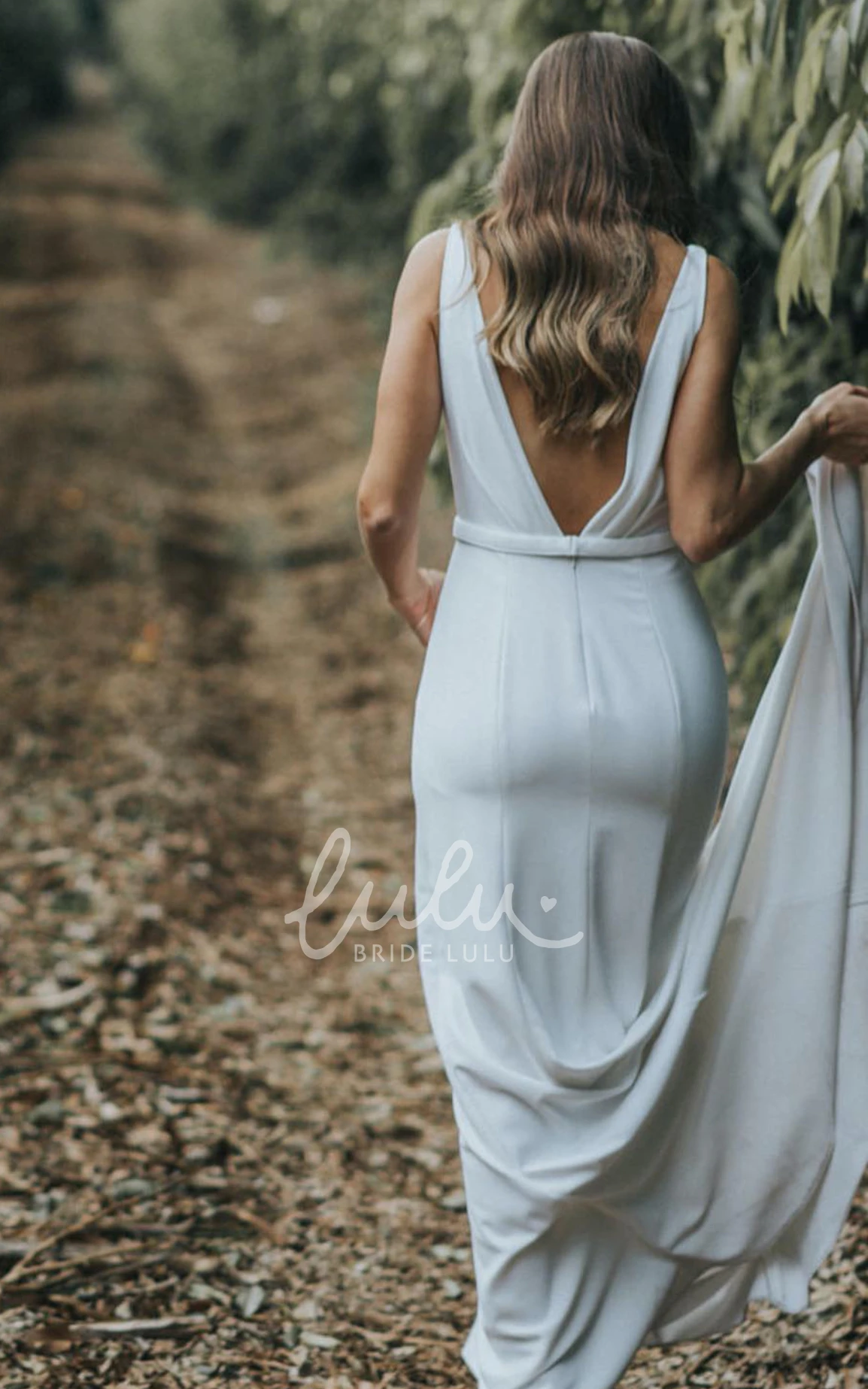 Romantic Plunging Neckline Satin Beach Wedding Dress with Deep-V Back Mermaid