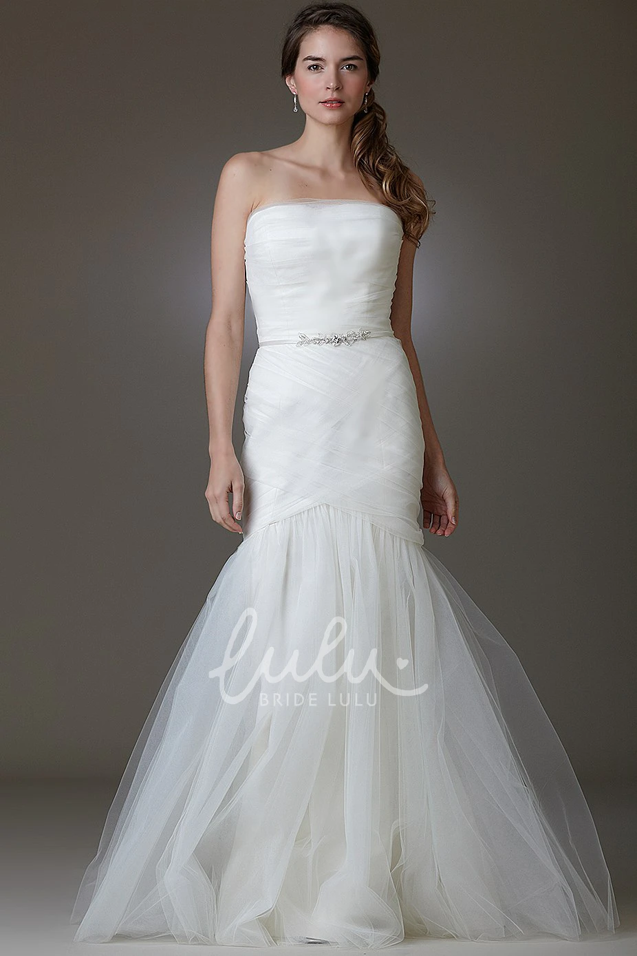 Mermaid Tulle Wedding Dress with Strapless Ruffled Bodice and Waist Jewelry Boho Wedding Dress Country