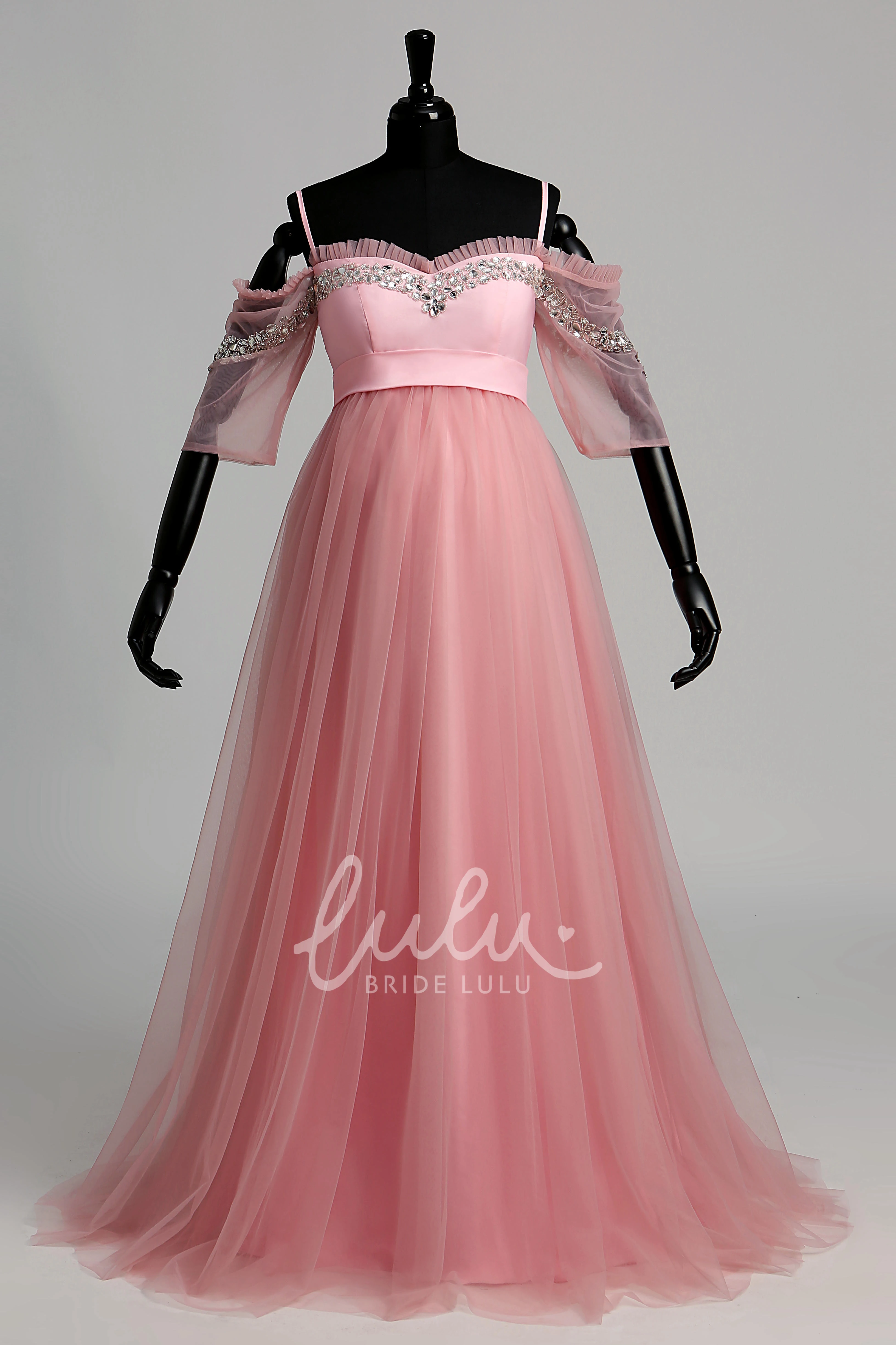 A-Line Maternity Dress with Tulle Fabric Sweep Brush Train Beading and Ruffles