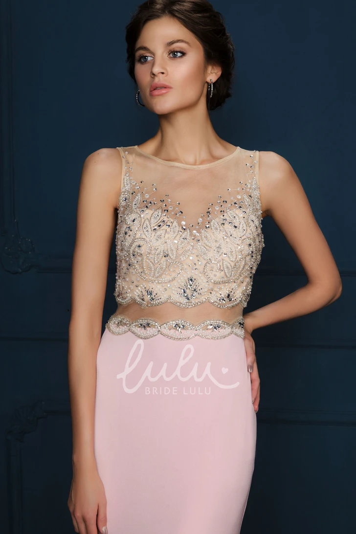 Bateau Neck Chiffon Evening Dress with Appliqued Sheath Silhouette