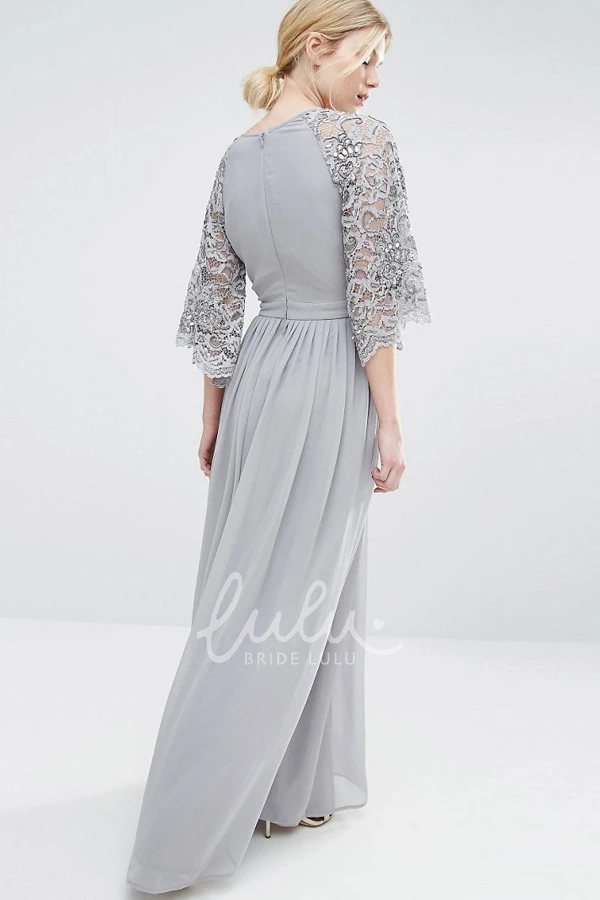 Lace Chiffon Bridesmaid Dress with Pleats V-Neck Bell Sleeve