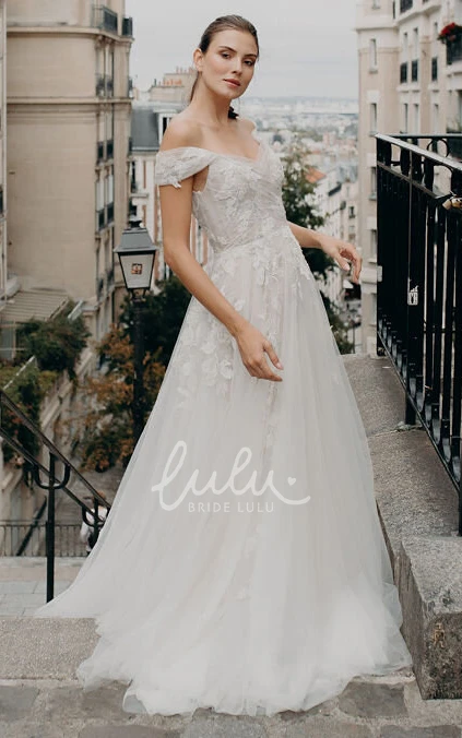 Modern Lace Off-the-shoulder Wedding Dress with Brush Train & Short Sleeves