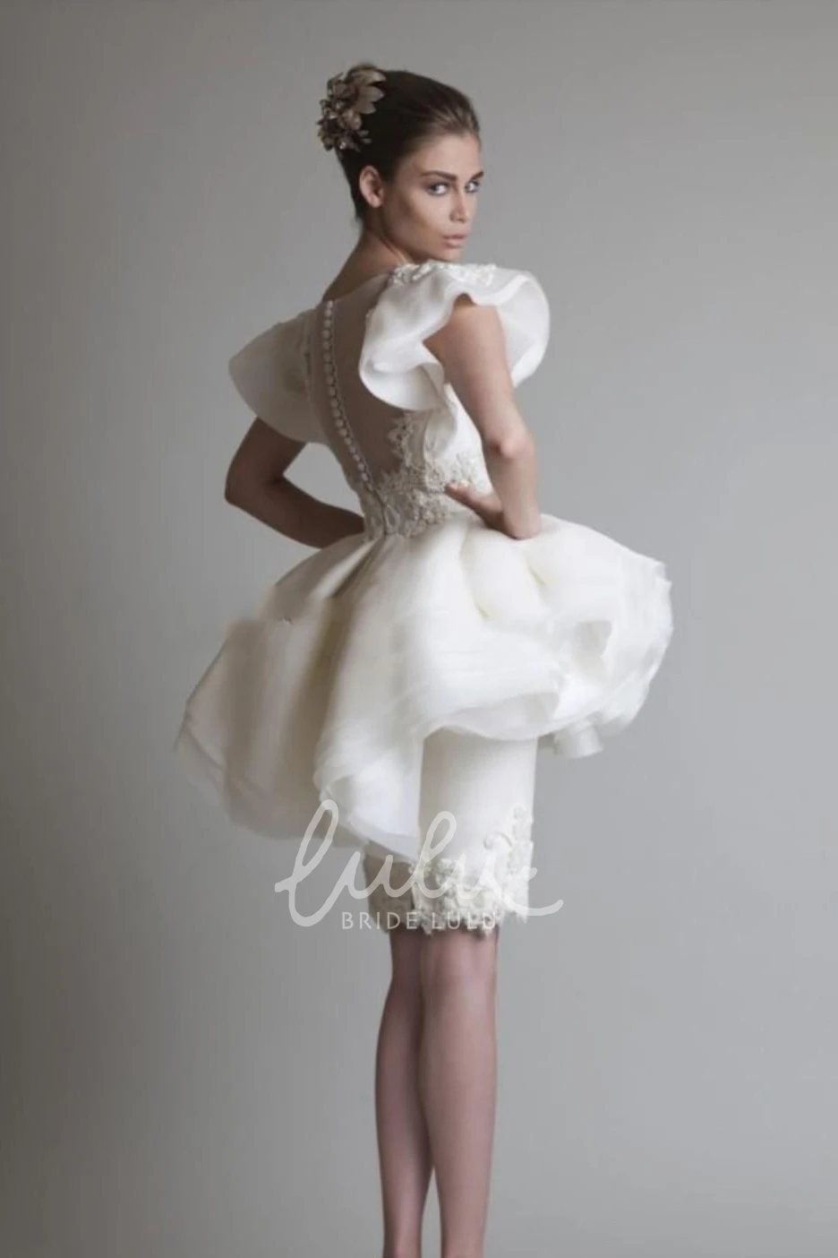 Jewel Peplum Organza Lace Homecoming Dress Short Sleeve Sheath Knee-length Appliques Ruffles