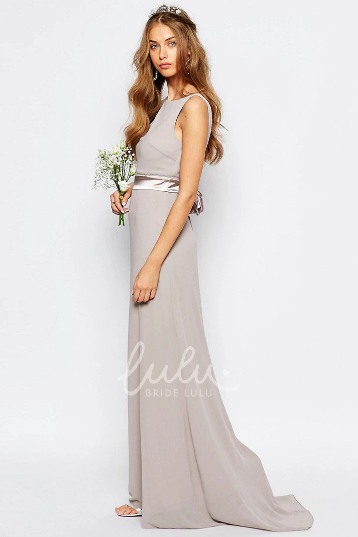 Sleeveless Chiffon Bridesmaid Dress with Ribboned Bateau Neck and Brush Train