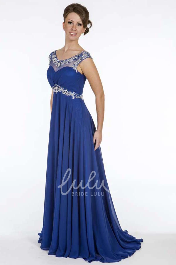 Empire Beaded Chiffon Prom Dress with Cap-Sleeves and Ruching A-Line