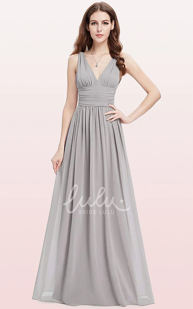Romantic Chiffon V-neck A-line Prom Dress with Ruffles and Sleeveless Bridesmaid Dress