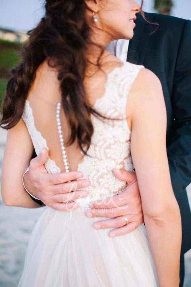 V-Neck A-Line Tulle Dress with Lace Top Modern Wedding Dress