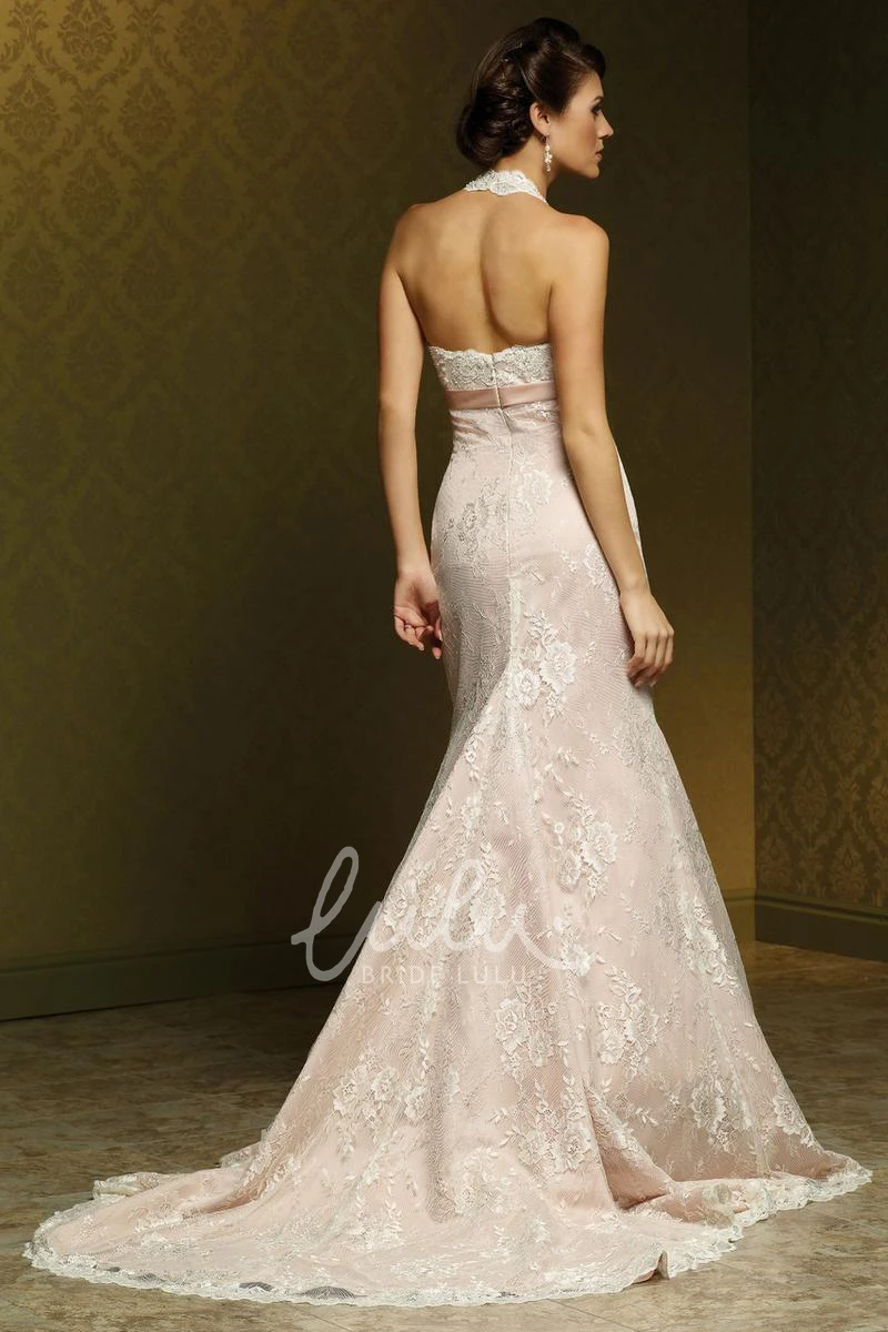 Sleeveless Sheath Lace Wedding Dress with Appliques and Bow Floor-Length V-Neck Tulle & Satin
