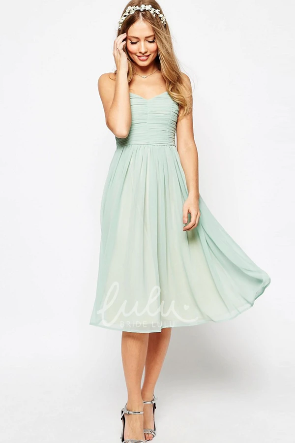A-Line Tea-Length Ruched Chiffon Bridesmaid Dress with Spaghetti Straps