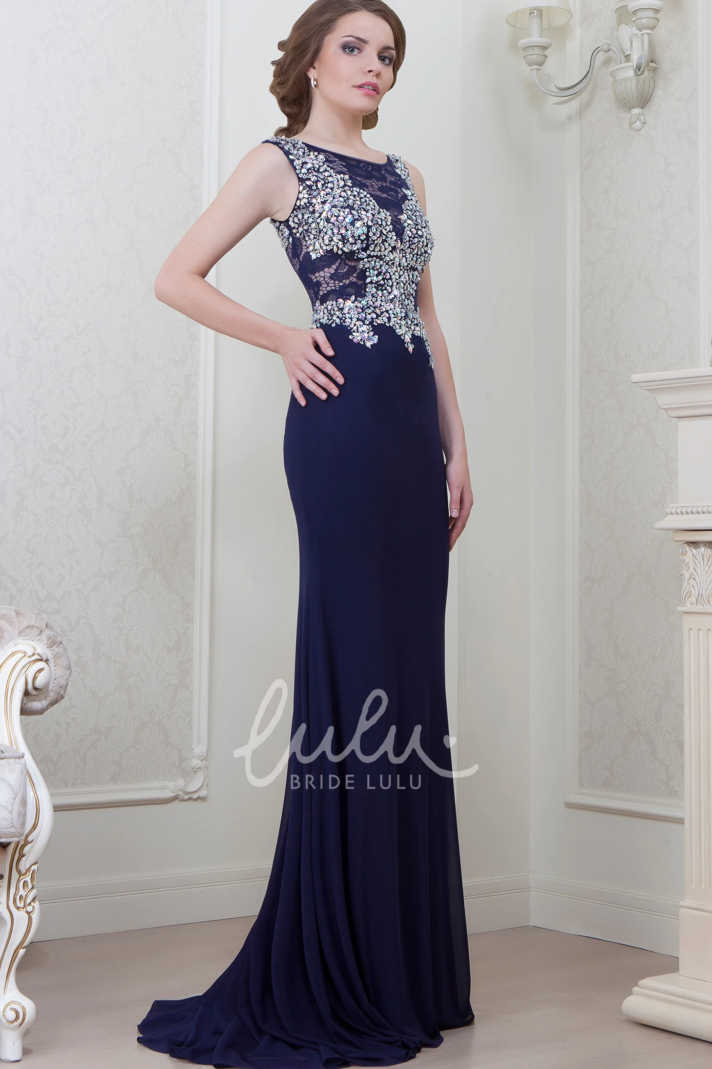 Jersey Crystal Scoop-Neck Sheath Bridesmaid Dress