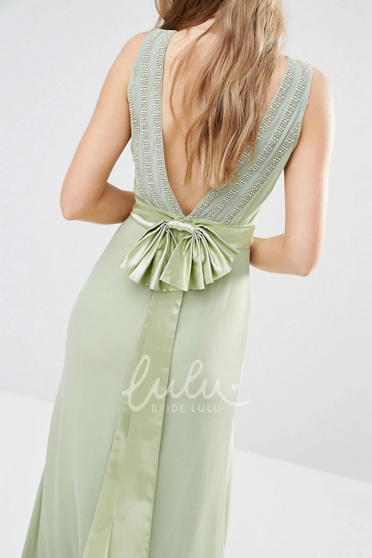 Sleeveless Sheath Chiffon Bridesmaid Dress with V Back and Bow
