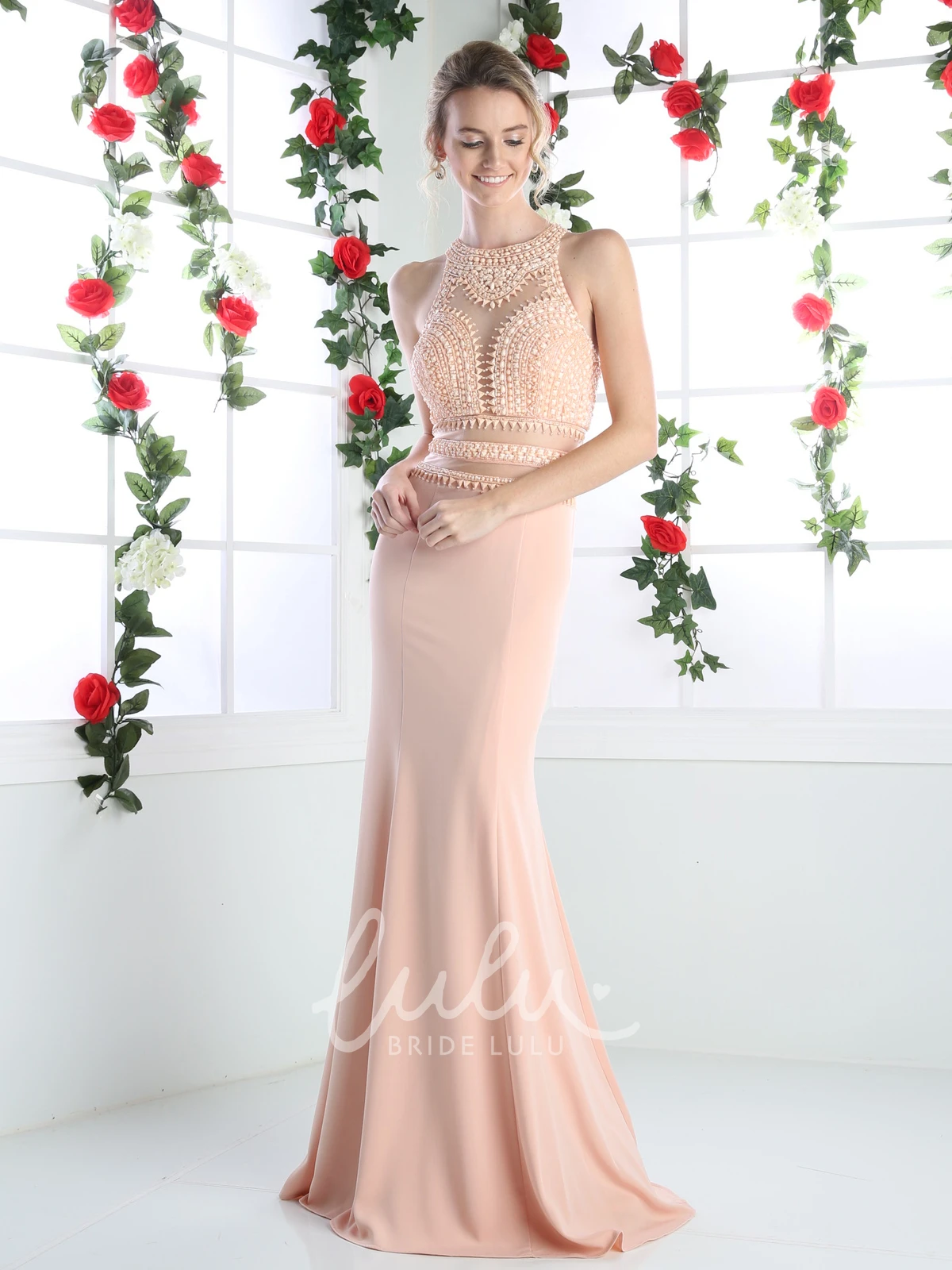 Jersey Sheath Dress with Keyhole and Beading Elegant Sleeveless Bridesmaid Dress