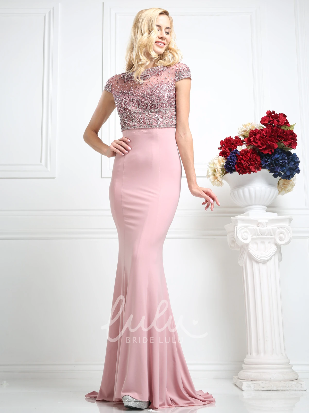Short Sleeve Sheath Jersey Illusion Dress with Beading Classy Prom Dress