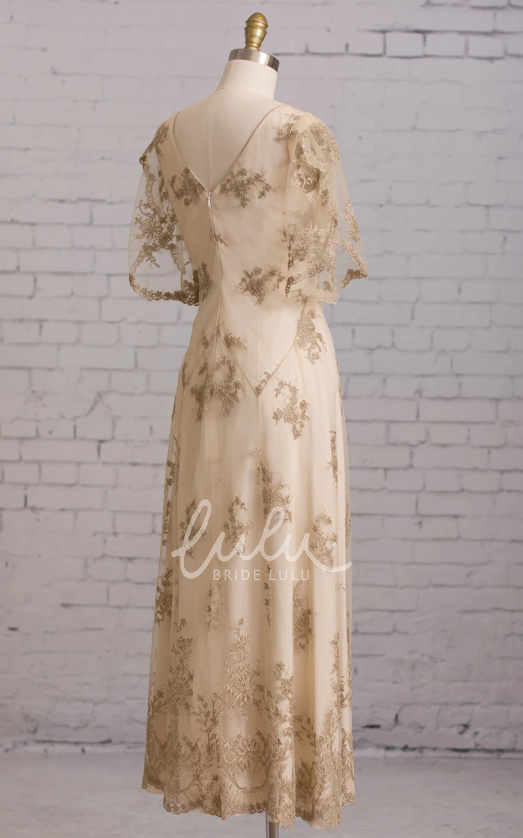 Embroidered V-Neck Sheath Wedding Dress with Butterfly Sleeves and Brush Train