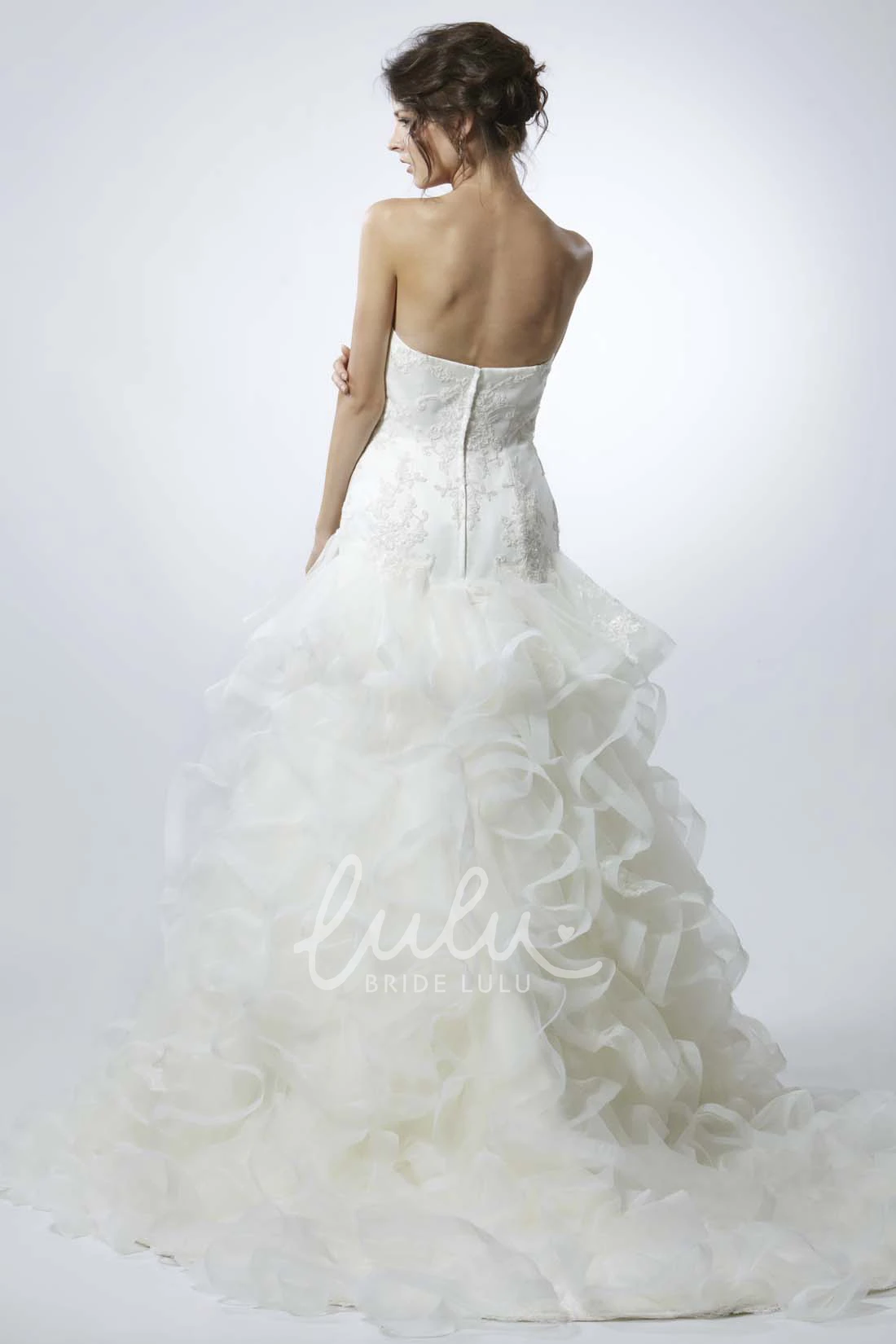 Long Ruffled Organza Wedding Dress with Appliques and Beading A-Line Strapless Sleeveless