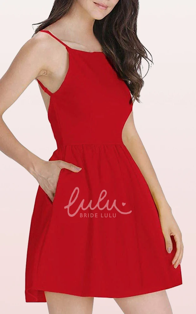 A Line Taffeta Spaghetti Cocktail Dress with Pockets Sleeveless Casual Women